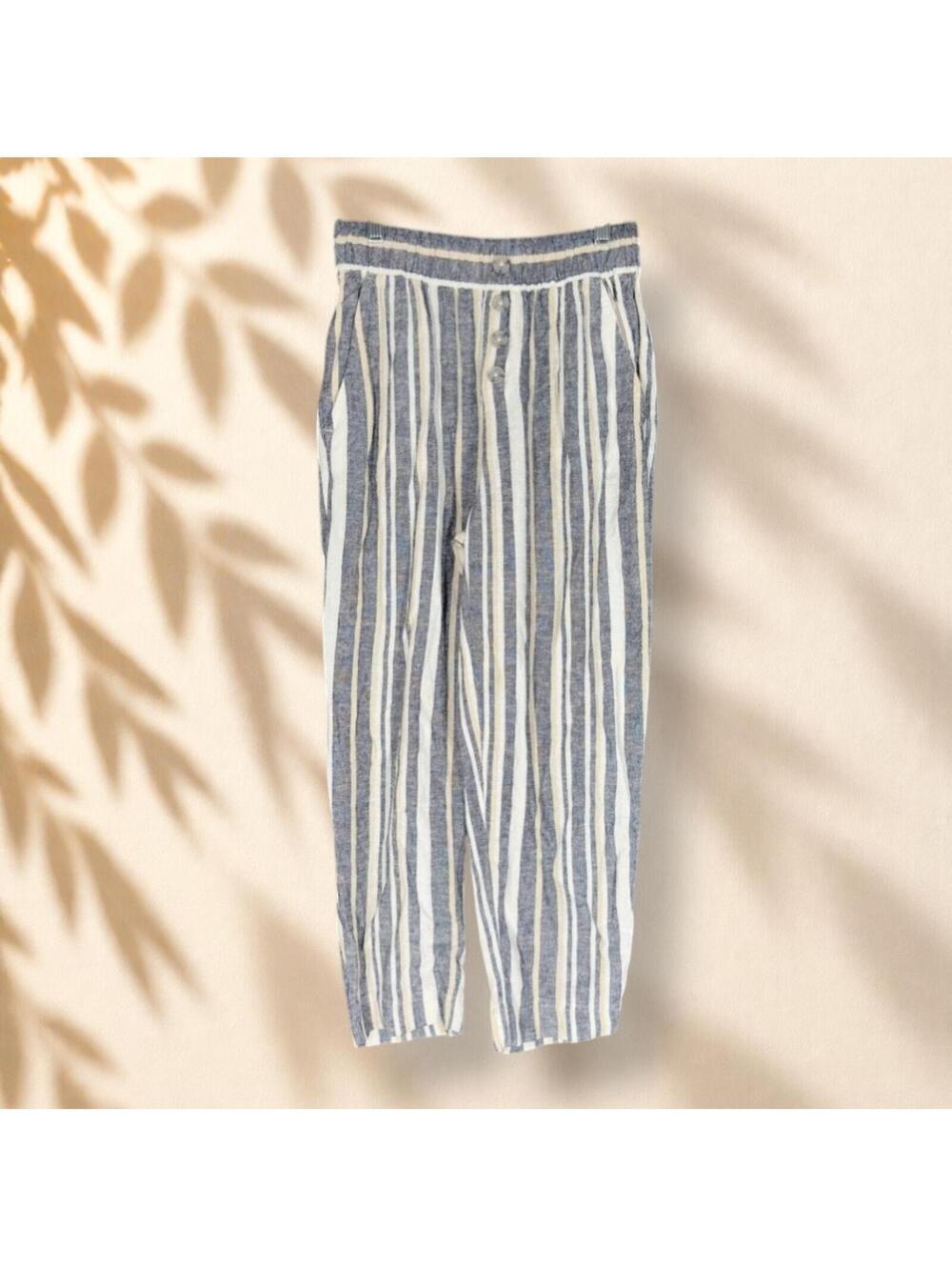 Loft Pants Women P2XS Petite Gray Striped High Rise Straight Flat Front Pockets